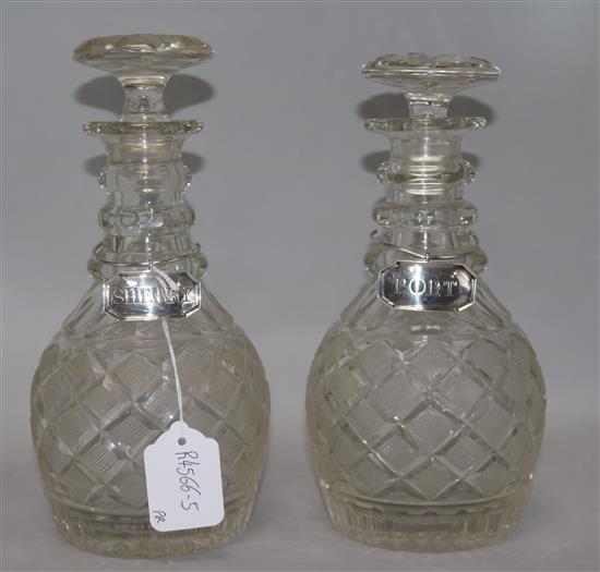 A pair of 19th century decanters and silver labels 27cm
